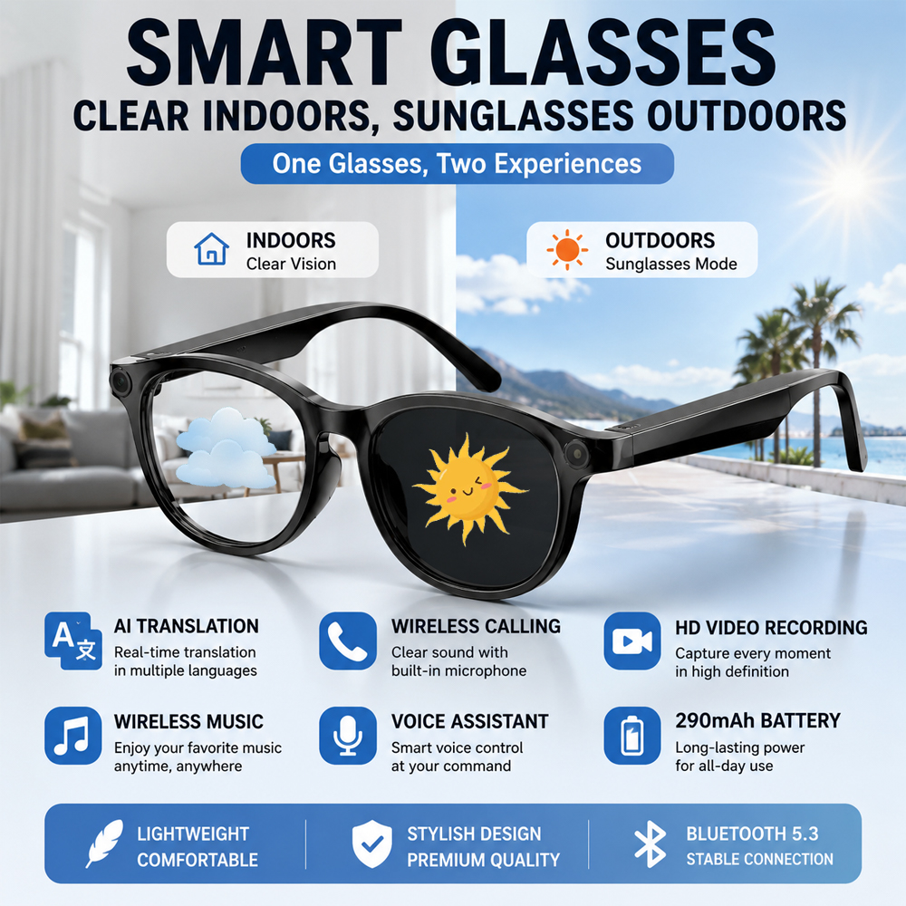 Home Office Headset - Smart Photochromic Glasses Bluetooth 5.3, AI